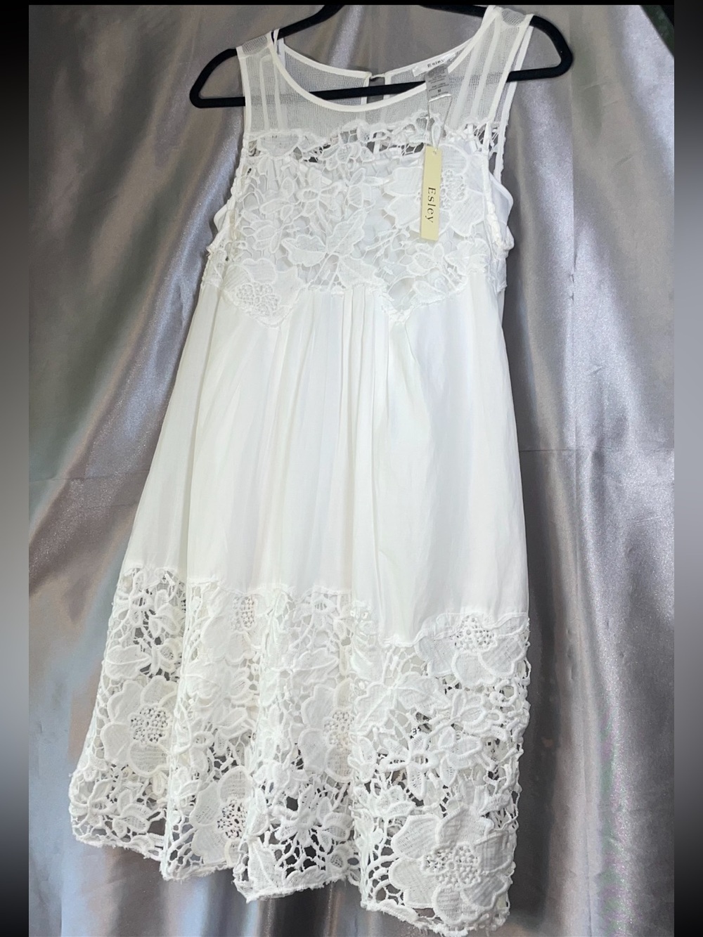 Esley White Floral Lace & Mesh Babydoll Tunic Dress Sleeveless Medium Boho